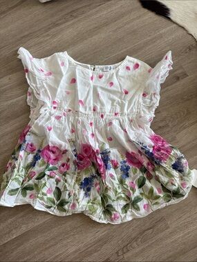 MonnaLisa White Floral Flutter Sleeve Blouse with Pink Accents